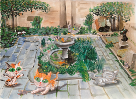 Ilustracion de Calçot the cathedral cat, jardines